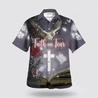 Christian Hawaiian Shirt, Faith Over Fear Bible Verse Cross Dove Religion Hawaiian Shirt | Newhawaiianshirts