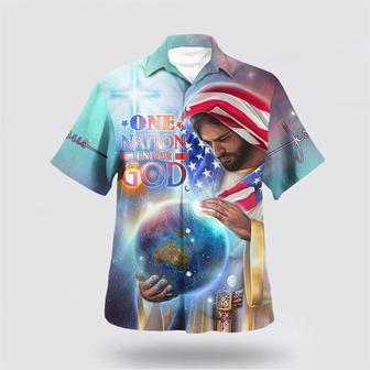 Christian Hawaiian Shirt, One Nation Under God Jesus Holding Earth American Flag Independence Day Hawaiian Shirt | Newhawaiianshirts UK