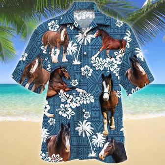 Clydesdale Horse Blue Tribal All Over Printed Hawaiian Shirt, Farm Hawaiian Shirt, Farmer Hawaii | Newhawaiianshirts DE