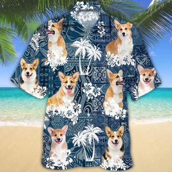 Corgi Hawaiian Tropical Plants Pattern Blue And White All Over Printed Hawaiian Shirt, Farm Hawaiian Shirt, Farmer Hawaii | Newhawaiianshirts