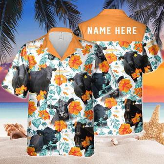 Custom Name Black Angus Hibiscus Flowers All Printed Hawaiian Shirt | Newhawaiianshirts