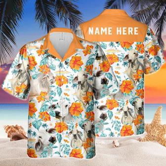 Custom Name Brahman Cow Hibiscus Flowers All Printed Hawaiian Shirt | Newhawaiianshirts DE