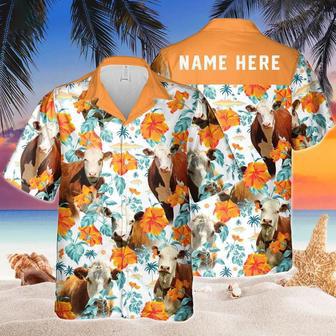 Custom Name Hereford Cow Hibiscus Flowers All Printed Hawaiian Shirt | Newhawaiianshirts AU