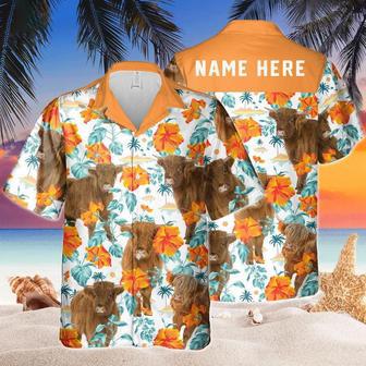 Custom Name Highland Cow Hibiscus Flowers All Printed Hawaiian Shirt | Newhawaiianshirts AU