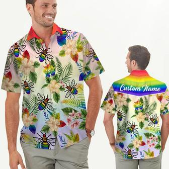 Custom Name Men Hawaiian Shirt For Lgbt Community, Rainbow Bee Hibiscus Flower | Newhawaiianshirts UK