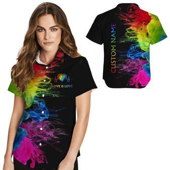 Custom Name Women Hawaiian Shirt For Lesbian, Love Is Love Rainbow Heartbeats, Pride Month Lgbt | Newhawaiianshirts UK