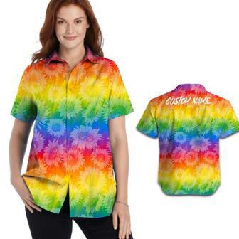 Custom Name Women Hawaiian Shirt For Lgbtq Community In Pride Month, Rainbow Sunflower Pattern | Newhawaiianshirts