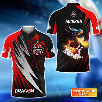 Dragon Team Red Bowling Ball On Fire Personalized Name Polo Shirt - Monsterry