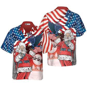 Eagle Perched On Santa's Hand With American Flag Background Hawaiian Shirt, Xmas Hawaiian Shirts | Newhawaiianshirts