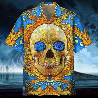 Full Printed Hawaiian Shirts With Skull, Blue Flowers Skull Hawaii Aloha Beach Shirts, Skull Hawaiian Shirt | Newhawaiianshirts AU