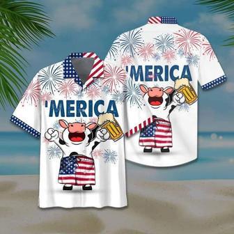 Funny Cow And Beer Hawaiian Shirt, Unisex Print Aloha Short Sleeve Casual Shirt, Independence Day Cow Hawaii Shirt | Newhawaiianshirts AU