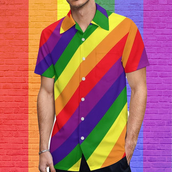 Gay Pride Lgbtq Rainbow Colors Striped Hawaiian Vintage Shirt Mens Button Down Plus Size Tropical Hawaii Beach Shirts | Newhawaiianshirts