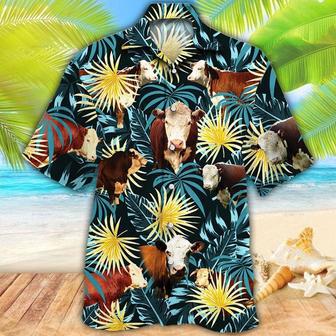 Hereford Cattle Blue And Yellow Tropical Plants Hawaiian Shirt | Newhawaiianshirts