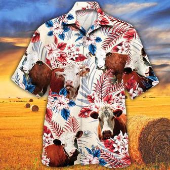 Hereford Cattle Lovers American Flag Hawaiian Shirt, Unisex Print Aloha Short Sleeve Casual Shirt | Newhawaiianshirts DE