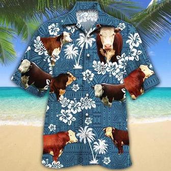 Hereford Cattle Lovers Blue Tribal Hawaiian Shirt, Unisex Print Aloha Short Sleeve Casual Shirt | Newhawaiianshirts DE