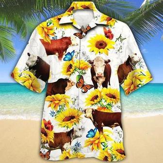 Hereford Cattle Lovers Sun Flower Hawaiian Shirt, Unisex Print Aloha Short Sleeve Casual Shirt | Newhawaiianshirts CA