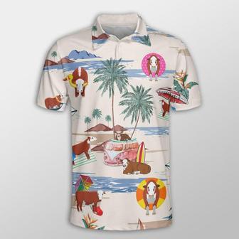 Hereford Men Polo Shirt For Summer - Hereford Summer Beach Pattern Button Shirt For Men - Perfect Gift For Hereford Lovers, Cattle Lovers - Monsterry