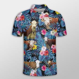 Hereford Tropical Flowers Leaves Pattern Button Polo Shirt, Cow Polo Shirt, Gift For Farmers - Monsterry UK