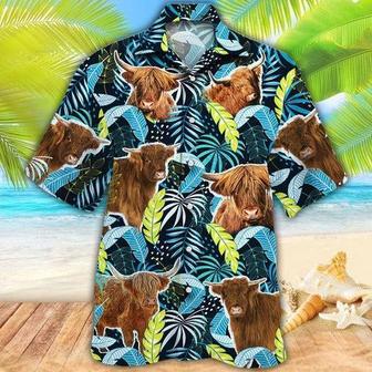 Highland Cattle Lovers Jungle Leaves Hawaiian Shirt, Unisex Print Aloha Short Sleeve Casual Shirt | Newhawaiianshirts DE