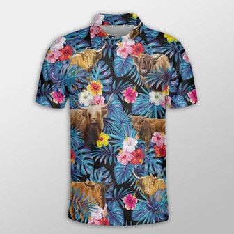Highland Tropical Flowers Leaves Pattern Button Polo Shirt, Cow Polo Shirt, Gift For Farmers - Monsterry