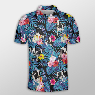 Holstein Tropical Flowers Leaves Pattern Button Polo Shirt, Cow Polo Shirt, Gift For Farmers - Monsterry