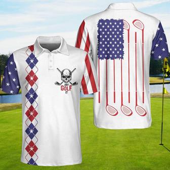 Just Golf It Skull Short Sleeve Golf Polo Shirt, Argyle Pattern American Flag Golf Shirt For Men Coolspod - Monsterry DE