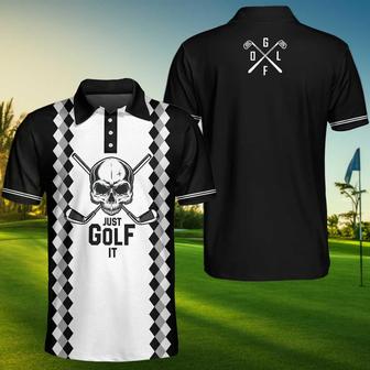 Just Golf It Skull Short Sleeve Golf Polo Shirt, Black And White Golf Shirt For Men Coolspod - Monsterry