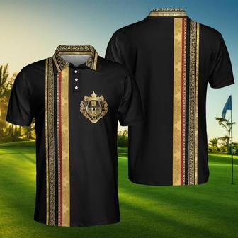 Luxury Baroque Pattern Golf Polo Shirt, Golden Greek Key Pattern Polo Shirt, Best Golf Shirt For Men Coolspod - Monsterry DE