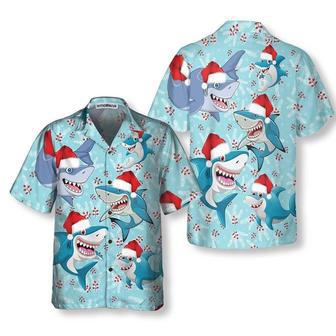 Merry Christmas Shark Santa Hat Christmas Hawaiian Shirt, Xmas Hawaiian Shirts | Newhawaiianshirts AU