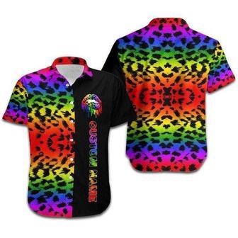 Personalized Aloha Rainbow Cheetah Lgbt Hawaiian Shirt, Custom Name Gaymer Hawaiian Shirt For Pride Month | Newhawaiianshirts