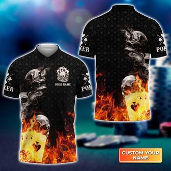 Poker Four Of A Kind Aces Skull On Fire Personalized Name Polo Shirt Gift For Poker Players - Monsterry AU