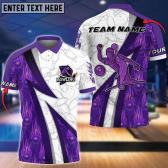 Purple Fire Bowling Ball And Pins Pattern Customized Name Shirt, Bowling Polo Shirt For Man - Monsterry DE