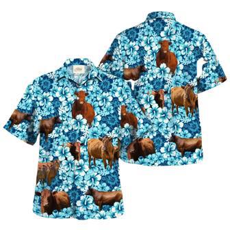 Red Angus Blue Hibiscus Flowers Hawaiian Shirt, Summer Cow Hawaii Aloha Beach Shirt | Newhawaiianshirts