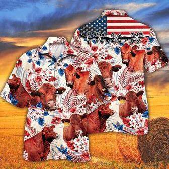 Red Angus Cattle Lovers American Flag Hawaiian Shirt, Unisex Print Aloha Short Sleeve Casual Shirt | Newhawaiianshirts UK