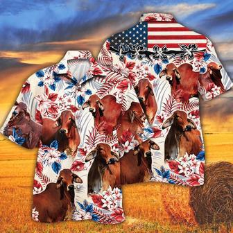 Red Brahman Cattle Lover American Flag Pattern Hawaiian Shirt For Adults, Cow Bull Hawaii Shirt For Summer | Newhawaiianshirts UK