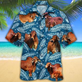 Red Brahman Cattle Lover Blue Feather Hawaiian Shirt, Cow Bull Hawaii Aloha Beach Shirts | Newhawaiianshirts