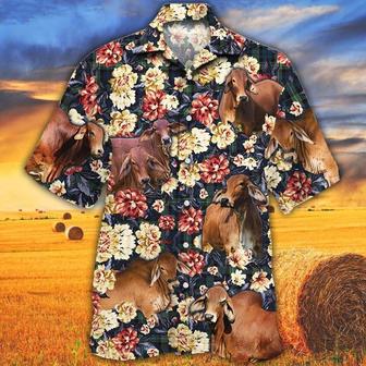 Red Brahman Cattle Lover Floral Flower Pattern Hawaiian Shirt For Adults, Cow Bull Hawaii Shirt For Summer | Newhawaiianshirts DE