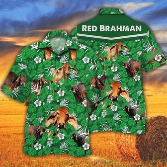 Red Brahman Cattle Lover Green Floral Pattern Hawaiian Shirt For Men And Women, Floral Bull Cow Hawaii Beach Shirt | Newhawaiianshirts