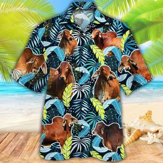 Red Brahman Cattle Lover Jungle Leaves Hawaiian Shirt For Men And Woman, Cow Bull Hawaiian Beach Shirts | Newhawaiianshirts UK