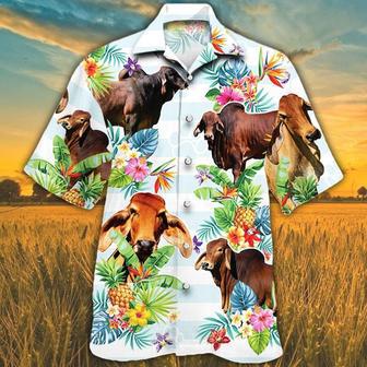 Red Brahman Cattle Lover Tropical Flower Hawaiian Shirts For Cow Lovers, Bull Cow Hawaii Shirt | Newhawaiianshirts