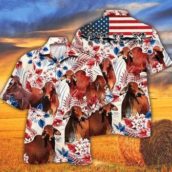 Red Brahman Cattle Lovers American Flag Hawaiian Shirt, Unisex Print Aloha Short Sleeve Casual Shirt | Newhawaiianshirts DE