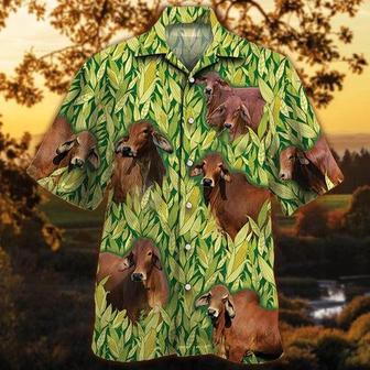 Red Brahman Cattle Lovers Corn Pattern Hawaiian Shirt, Unisex Print Aloha Short Sleeve Casual Shirt | Newhawaiianshirts DE