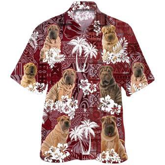 Shar Pei Hawaiian Shirt, Cute Dog Hawaii Shirts Red Tribal Pattern | Newhawaiianshirts