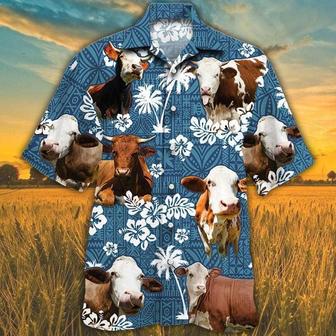 Simmental Cattle Lovers Blue Tribal Pattern Hawaiian Shirt, Unisex Print Aloha Short Sleeve Casual Shirt | Newhawaiianshirts DE