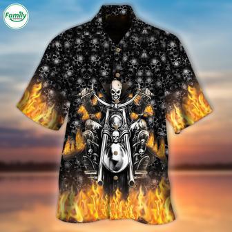 Skeleton Hawaiian Shirt Skull Skeleton Rider On Fire All Over Printed Hawaiian Shirt | Newhawaiianshirts DE