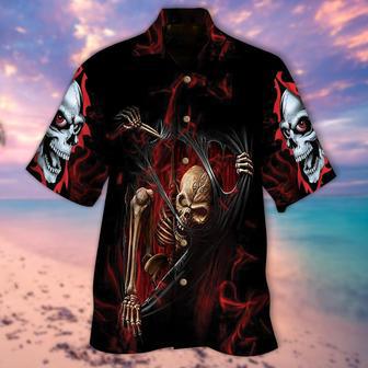 Skeleton Ripped Hawaiian Shirt Red Smoke Skulls Pattern | Newhawaiianshirts AU