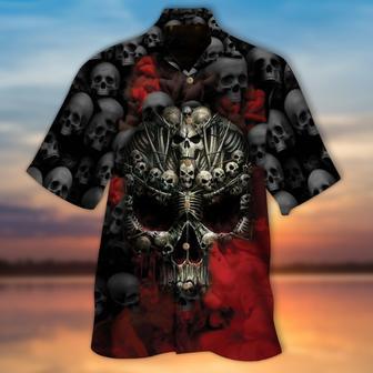 Skull Aloha Shirts Skull And Bones Red Smoke All Over Printed Hawaiian Shirt | Newhawaiianshirts CA