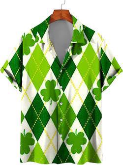 St.Patricks Day Hawaiian Bowling Shirts For Men Short Sleeve Shamrock Printed Beach Casual Aloha Shirt Clover Printed Shirt | Newhawaiianshirts CA