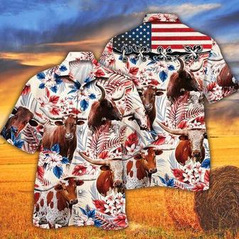 Tx Longhorn Cattle Lovers American Flag Hawaiian Shirt, Unisex Print Aloha Short Sleeve Casual Shirt | Newhawaiianshirts UK