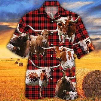 Tx Longhorn Cattle Lovers Red Tartan Pattern Hawaiian Shirt, Unisex Print Aloha Short Sleeve Casual Shirt | Newhawaiianshirts AU